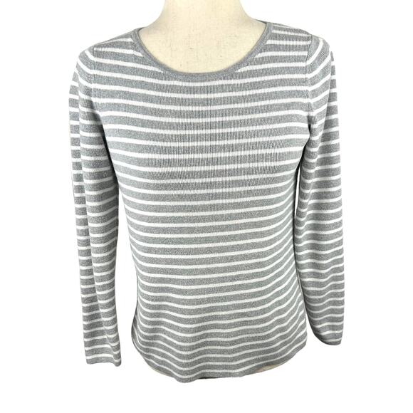 L.L. Bean Gray and White Striped Briton Fitted Sweater Size M EUC - Picture 1 of 5